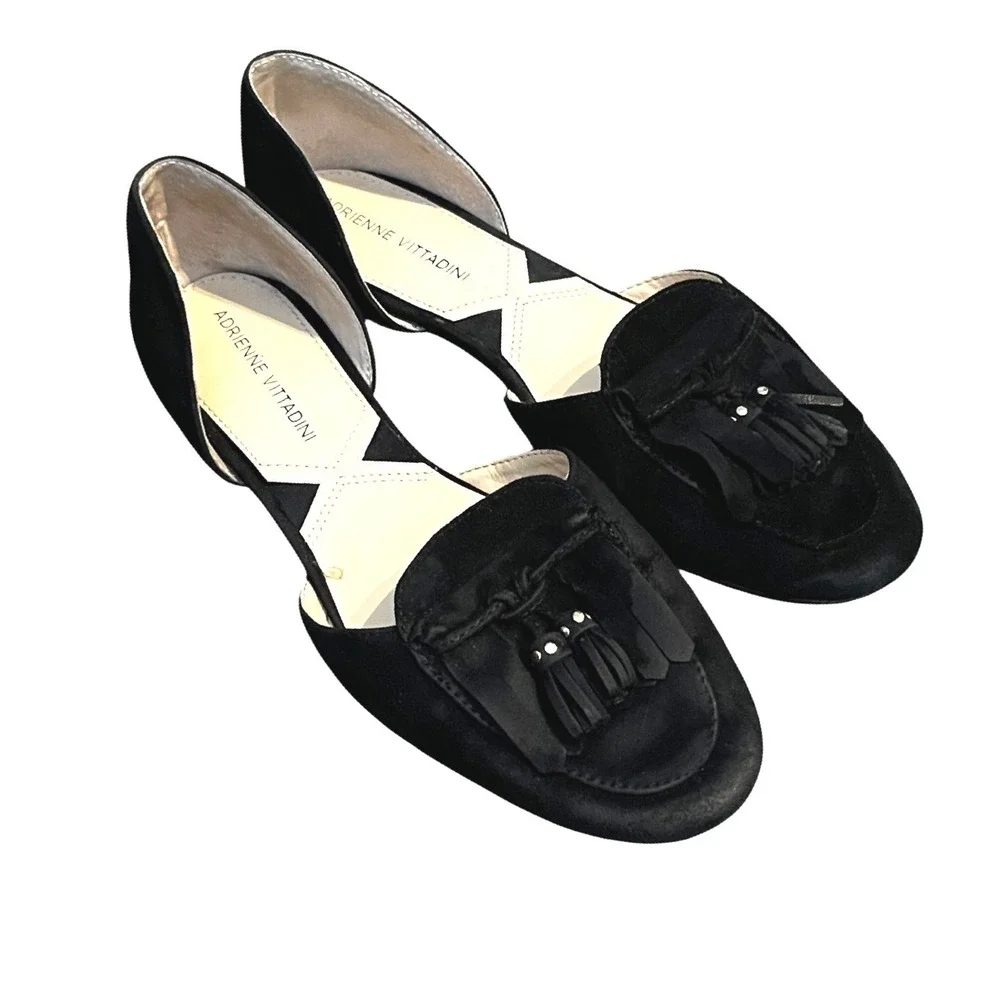 Adrienne Vittadini Women Black Alvine Suede Tassel d'Orsay Flat 7M Leather Upper